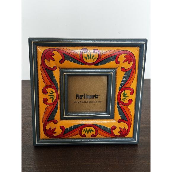 Pier 1 Imports Wooden Picture Frame Square Folk Art Boho Colorful Distressed - Picture 1 of 12